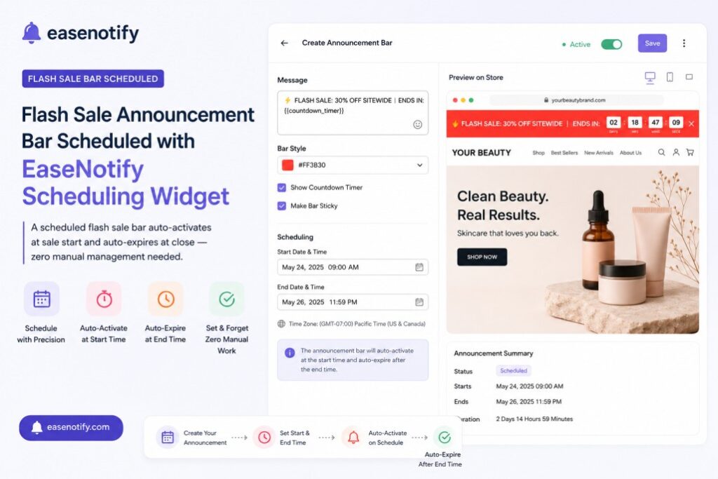 flash sale announcement bar for DTC brands with countdown timer configured using EaseNotify scheduling widget