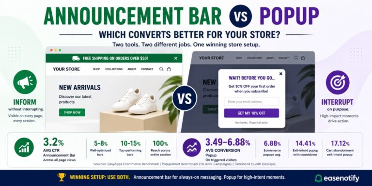 announcement bar vs popup side by side comparison on ecommerce website