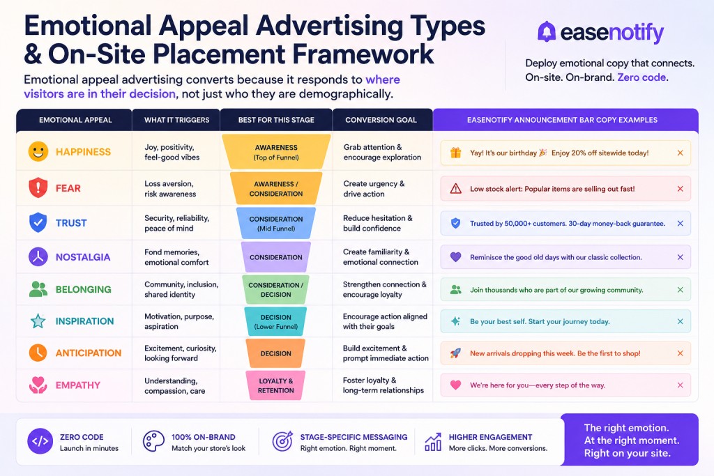 emotional appeal advertising showing 8 emotion types mapped to ecommerce conversion stages and EaseNotify announcement bar copy examples