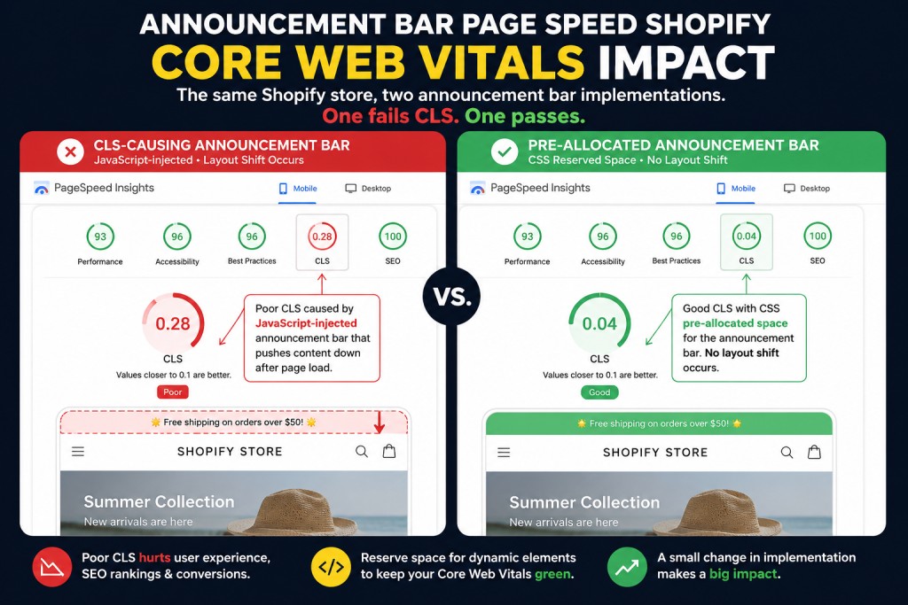 announcement bar page speed on Shopify comparison showing CLS impact in Google PageSpeed Insights