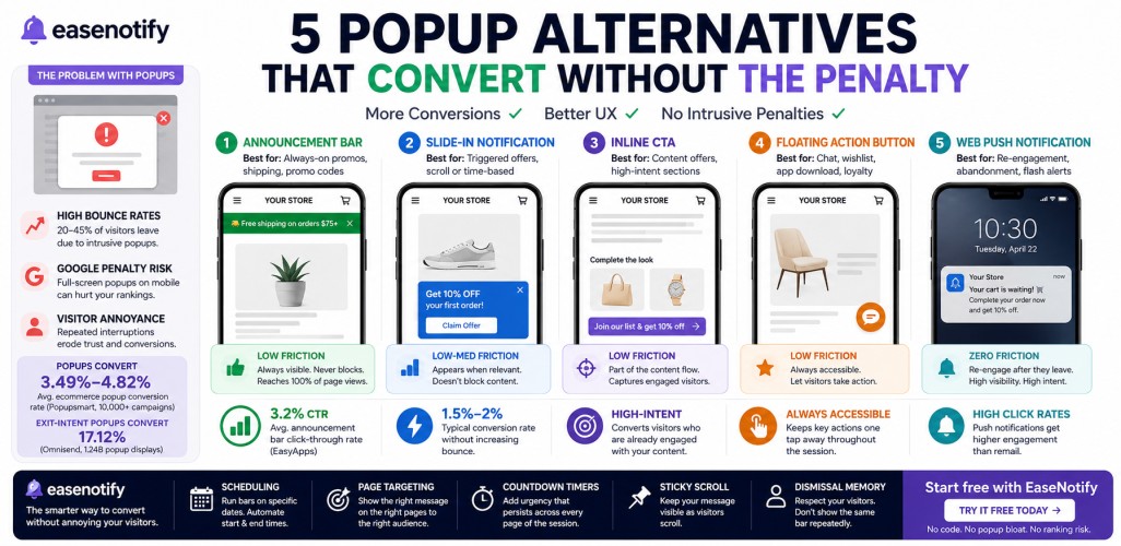 popup alternative ecommerce comparison showing announcement bar and non-intrusive formats on mobile device