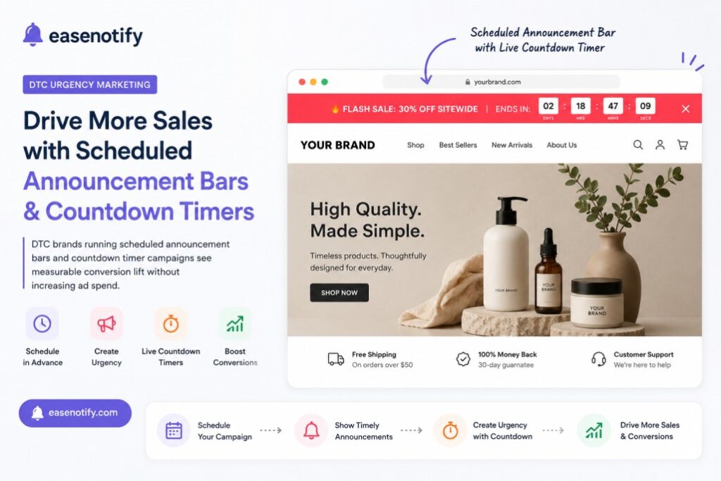 urgency marketing for DTC brands showing a scheduled flash sale announcement bar on a Shopify storefront