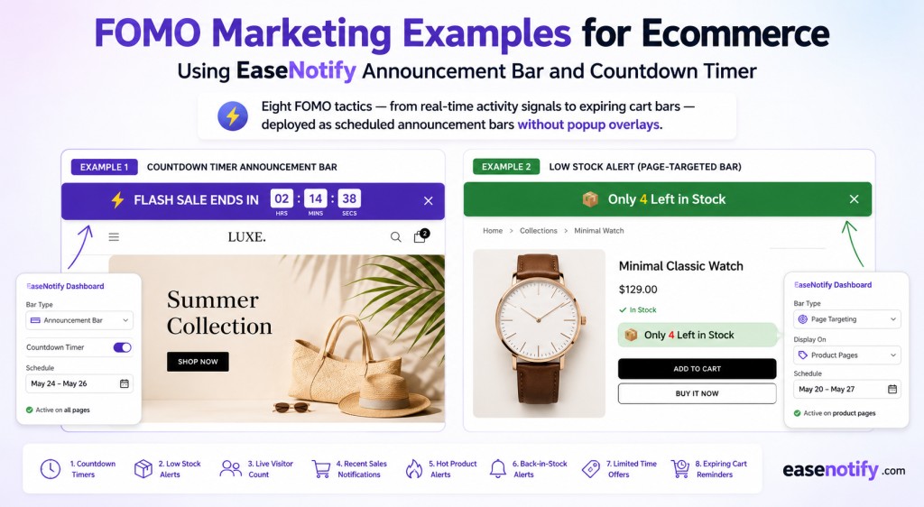 FOMO marketing examples for ecommerce showing a countdown timer announcement bar and low stock alert widget on a Shopify store