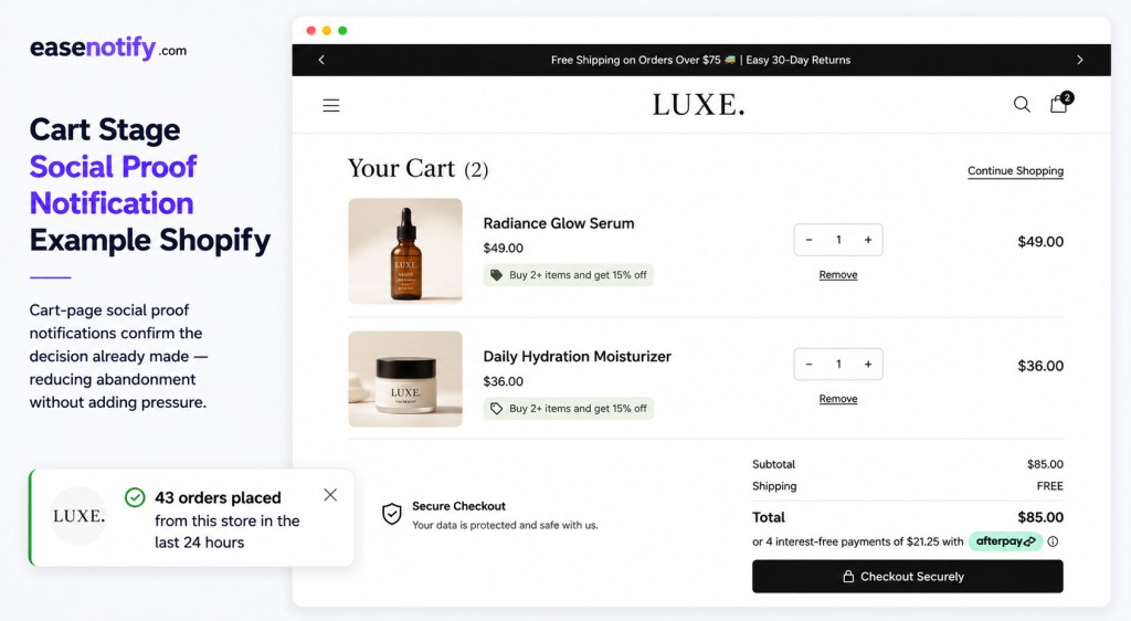 cart-stage social proof notification example on Shopify cart page showing recent purchase validation message in bottom-left corner