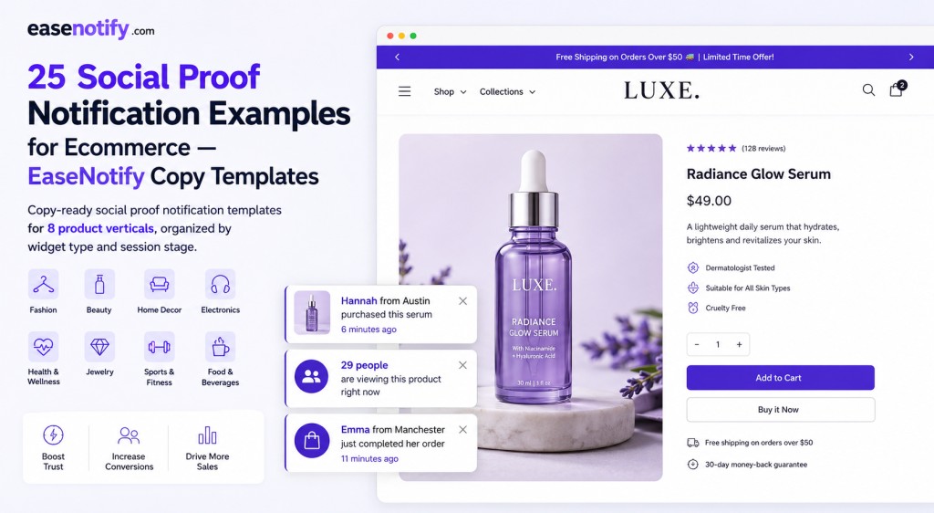 social proof notification examples for ecommerce showing recent sales notification and visitor counter templates for a Shopify store