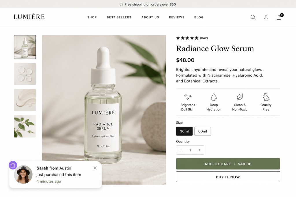 social proof widget for `Shopify showing recent sales notification in bottom-left corner on product page