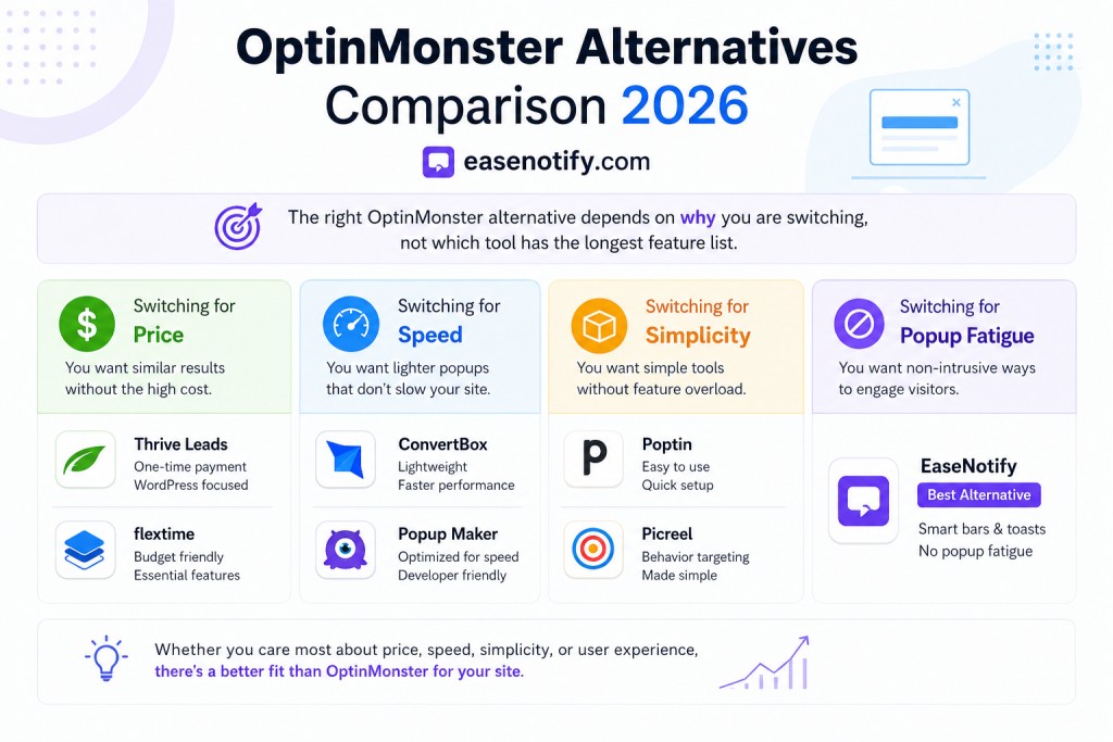 Comparison of OptinMonster alternatives sorted by switching reason including price, speed, and simplicity