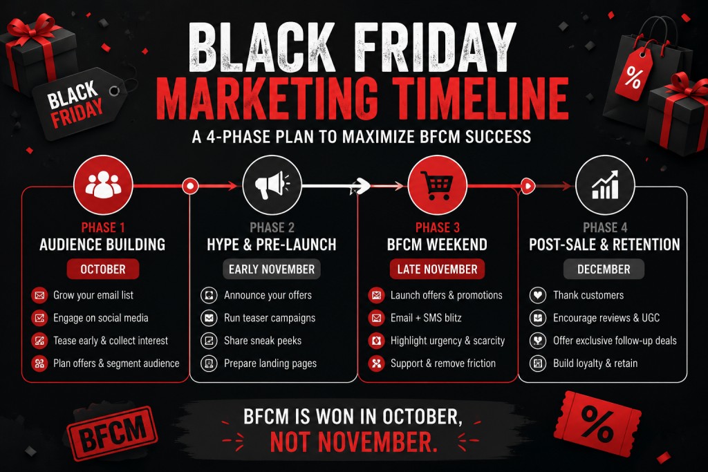 Black Friday marketing ideas organized as a four phase timeline